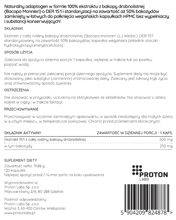 Bacopa Monnieri 500 mg DER 15:1 (50% bakozydów) 120 kapsułek - Image 3