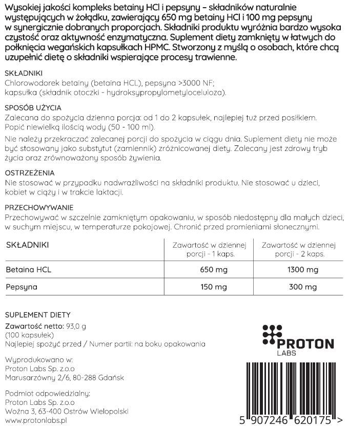 Betaina HCL + Pepsyna 800 mg 100 kapsułek - Image 3