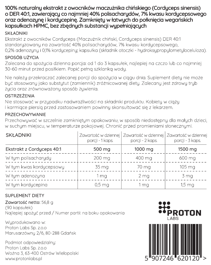 Cordyceps sinensis (Maczużnik chiński) DER 40:1 90 kapsułek 500 mg - Image 3