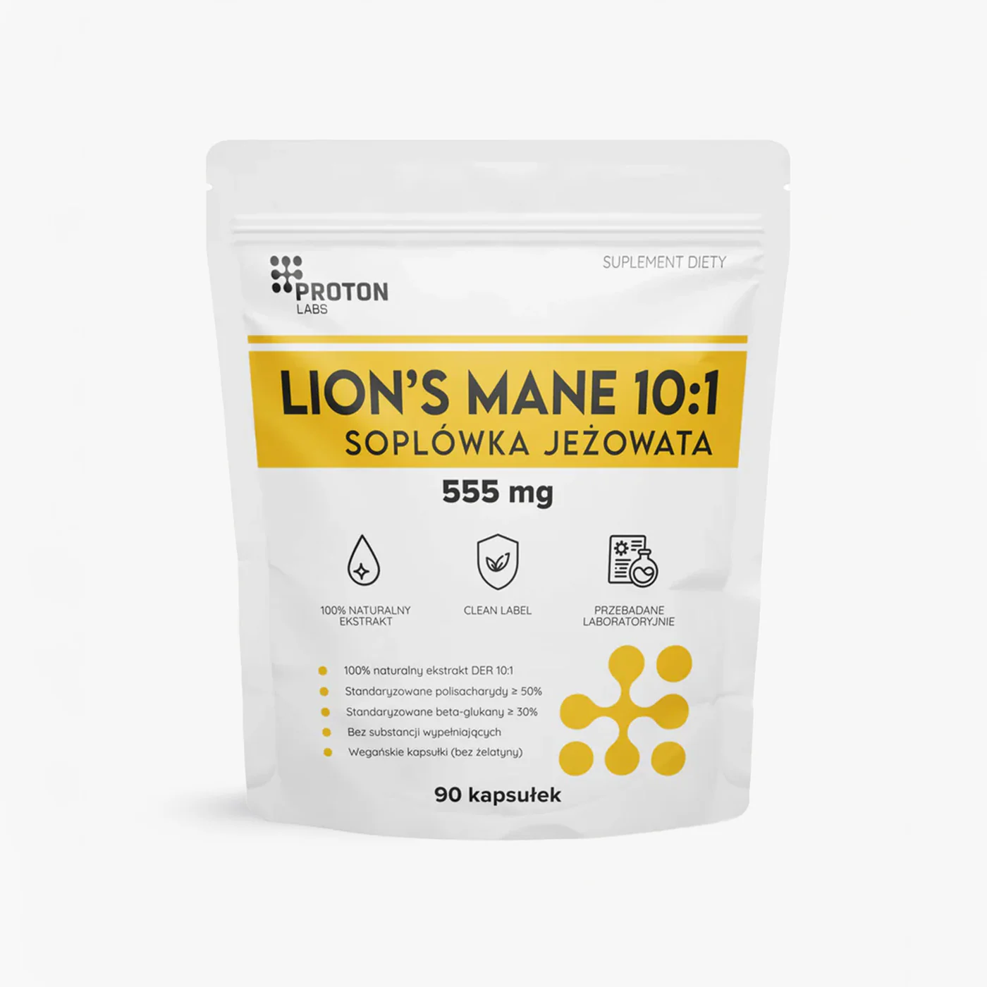 LION'S MANE 555 mg 90 kapsułek soplówka jeżowata DER 10:1 (50% polisacharydów, 30% beta-glukanów)